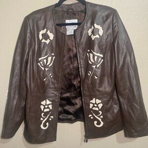 Women's M PAMELA MCCOY Brown Leather Cut-out Jacket RARE